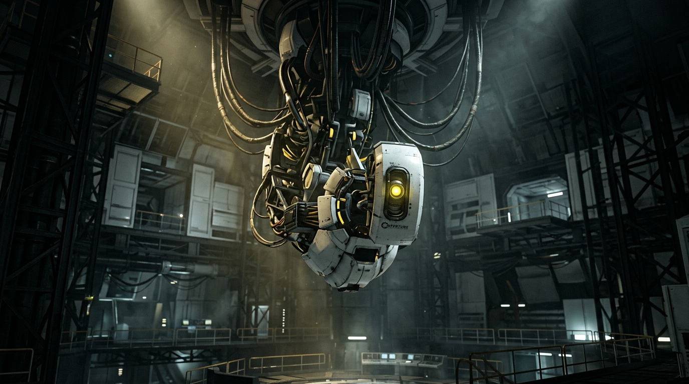 Unidad central GLaDOS suspendida en la camara principal de Aperture Science
